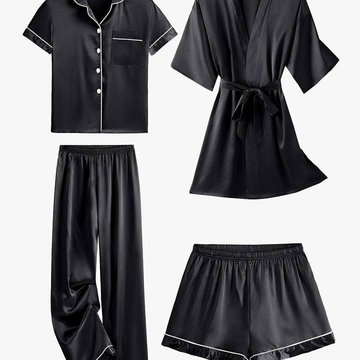 Juliette | 4-Piece Solid Satin Pajama Mid-Sleeve Robe Set