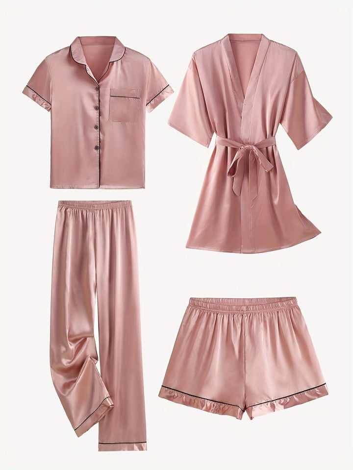 Juliette | 4-Piece Solid Satin Pajama Mid-Sleeve Robe Set
