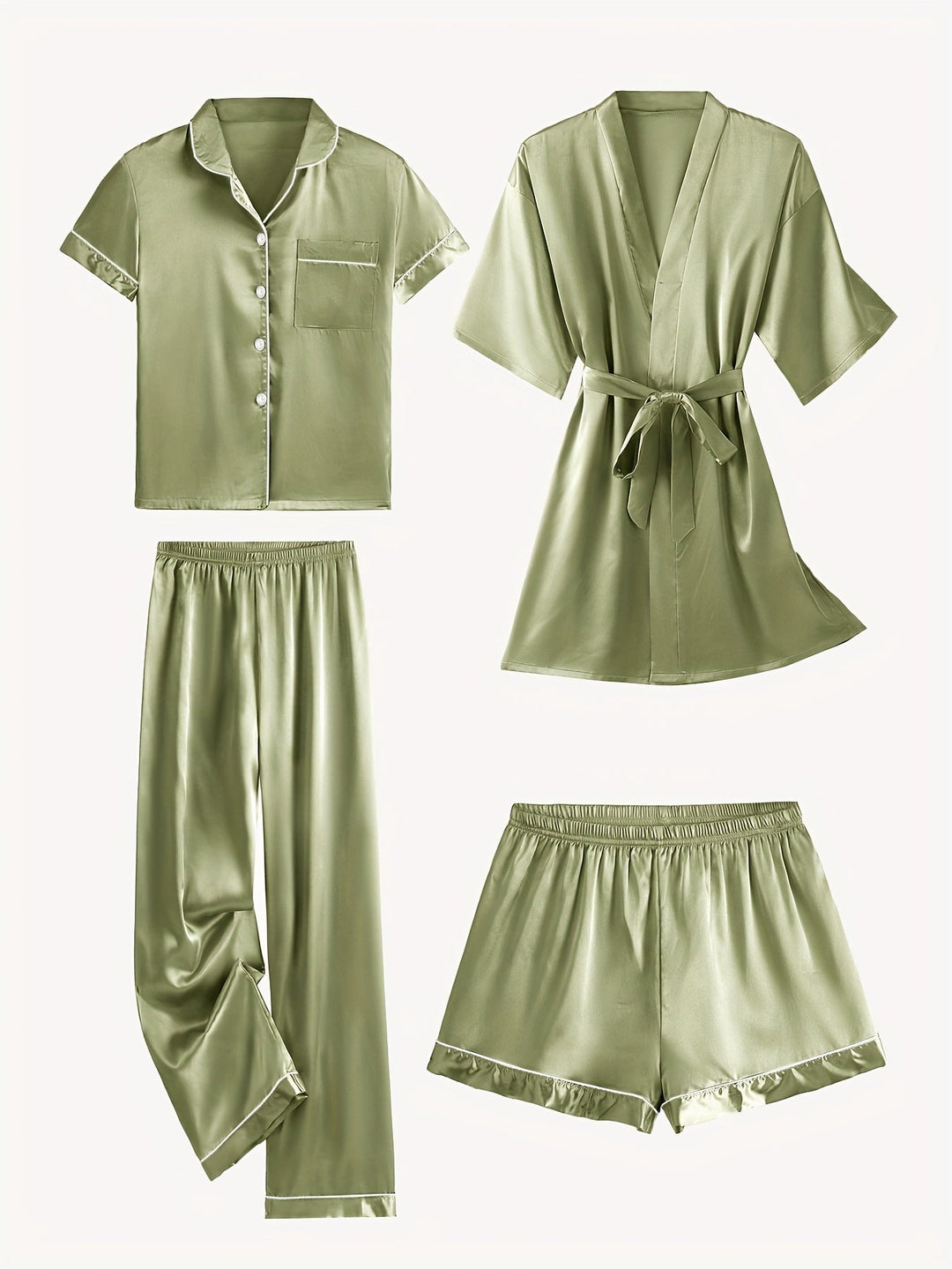 Juliette | 4-Piece Solid Satin Pajama Mid-Sleeve Robe Set